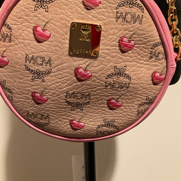 MCM Round Pink/Tan w/Cherries and Gold Chain Crossbody - Picture 15 of 16